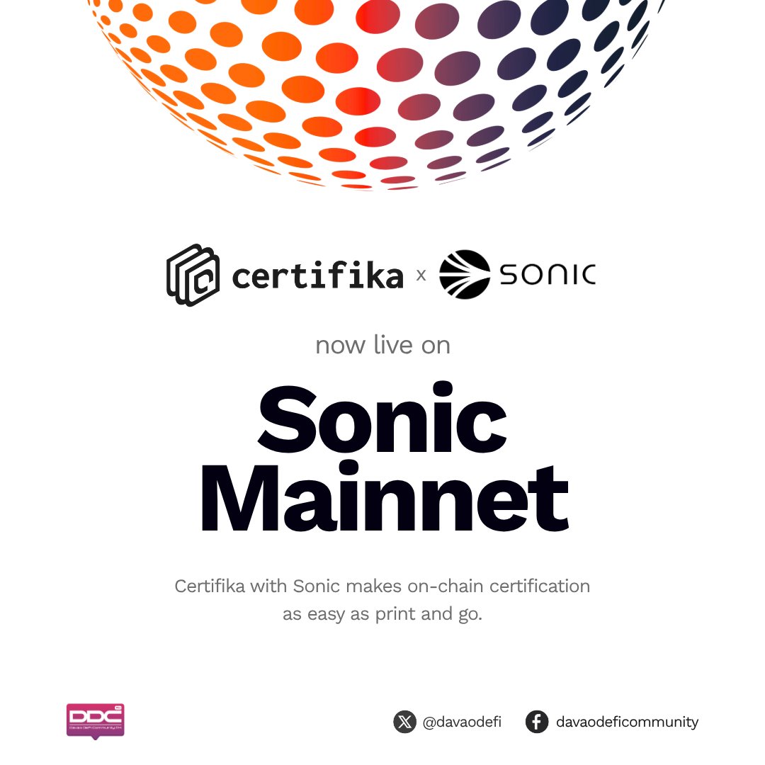 DavaoDefi's tweet image. ๐Certifika is now LIVE on @SonicLabs Mainnet!
@CertifikaNuxify now issuing on-chain, verifiable, and fraud-proof certificates powered by the ultra-fast, secure Sonic blockchain. ๐ฅ
โ๏ธ And thatโs just the beginning Certifika is going multichain, bringing tamper-proof credentialsโฆ