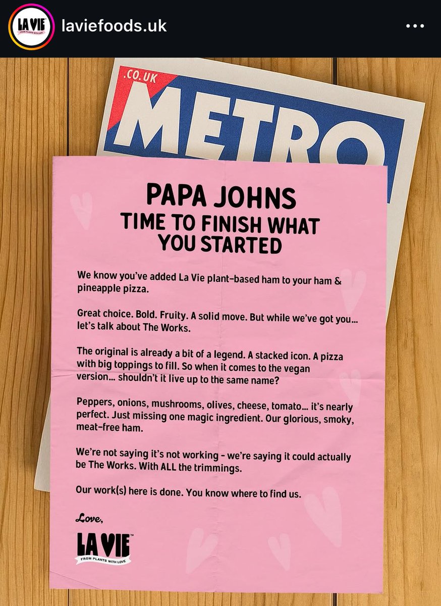 finn_oluna's tweet image. vegans and veggies, boycott la vie.
they use generative ai and have partnered with papa john’s who are on the BDS boycott list for supporting the genocide of palestinians.