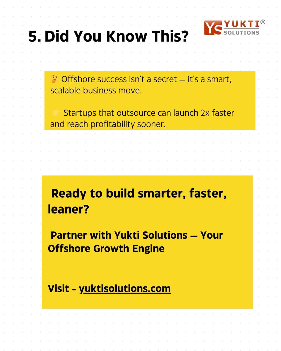 yuktisolutions's tweet image. 💡 Did you know startups that outsource can launch 2x faster and save up to 70%?

Offshore teams = lean, expert, and around-the-clock progress. ⏱️🌍

Let Yukti Solutions help you scale smart.
📩 DM to start.

#Startups #Outsourcing #DevTeam #YuktiSolutions #OffshoreTech