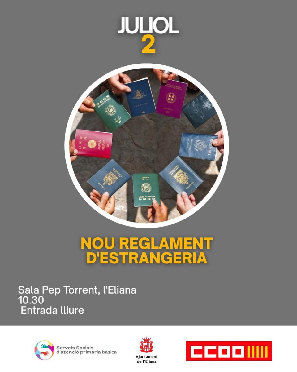 CCOO País Valencià (@ccoopv) on Twitter photo 📣 El CITE (Centre d'Informació a persones Treballadores Migrants) de <a href="/ccoopv/">CCOO País Valencià</a> realitza una formació sobre el nou Reglament d'Estrangeria
📆 Dimecres 2 juliol,🕥 10.30 hores
📍Sala Pep Torrent, Ajuntament de l'Eliana
✅via <a href="/ccoopvinterior/">CCOO PV Interior</a> 📣 El CITE (Centre d'Informació a persones Treballadores Migrants) de <a href="/ccoopv/">CCOO País Valencià</a> realitza una formació sobre el nou Reglament d'Estrangeria
📆 Dimecres 2 juliol,🕥 10.30 hores
📍Sala Pep Torrent, Ajuntament de l'Eliana
✅via <a href="/ccoopvinterior/">CCOO PV Interior</a>