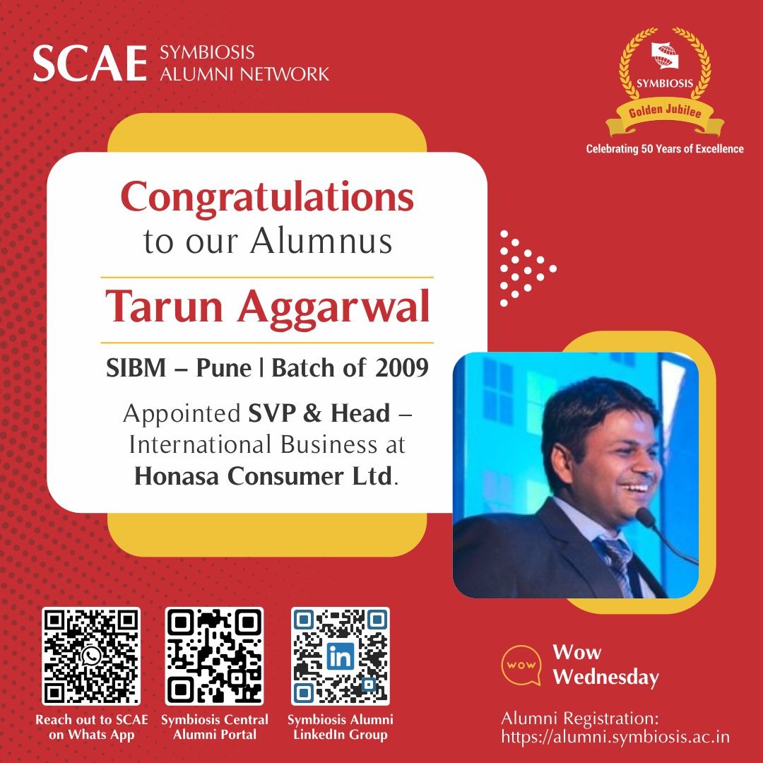 A proud moment for SCAE as we applaud Tarun Aggarwal , alumnus of Symbiosis Institute of Business Management, Pune – 2009, on being designated as Senior Vice President &amp; Head – International Business at Honasa Consumer Ltd., effective April 2025.
<a href="/SIBMPune/">SIBM Pune</a> <a href="/vidya_symbiosis/">Dr. Vidya Yeravdekar</a>