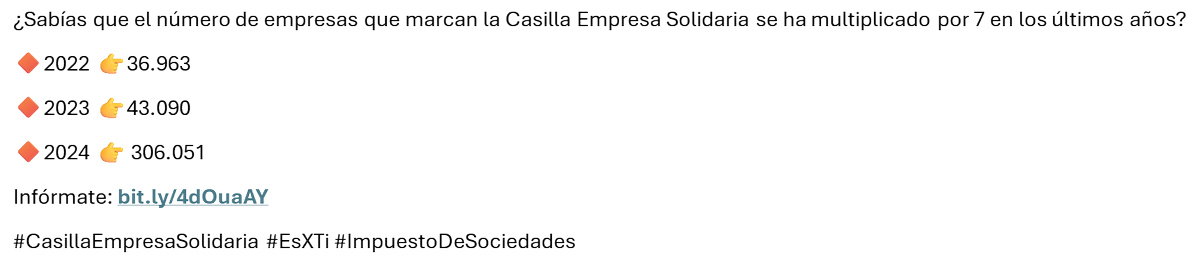 ¿Sabías que el número de empresas que marcan la Casilla Empresa Solidaria se ha multiplicado por 7 en los últimos años?
🔶2022 👉36.963 
🔶2023 👉43.090
🔶2024 👉 306.051 
Infórmate: bit.ly/4dOuaAY
#CasillaEmpresaSolidaria #EsXTi #ImpuestoDeSociedades