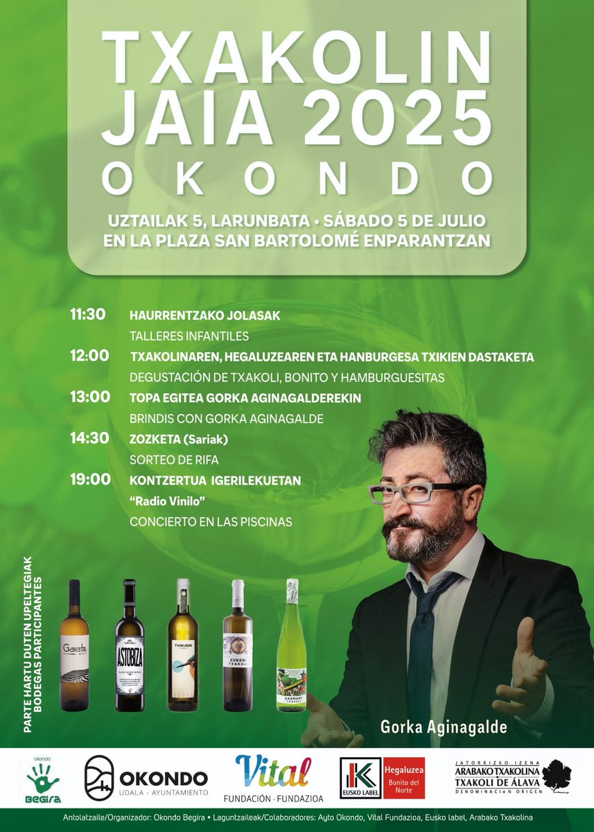 Álava Turismo (@turismoalava) on Twitter photo 🍇🥂 ¡Txakolin Jaia 2025 llega a Okondo este sábado 5 de julio!
📍Okondo, <a href="/aiaraldeatur/">Aiaraldea Turismoa</a>
🍇🥂 Txakolin Jaia 2025 Okondora iritsiko da larunbat honetan, uztailak 5! 🍇🥂 ¡Txakolin Jaia 2025 llega a Okondo este sábado 5 de julio!
📍Okondo, <a href="/aiaraldeatur/">Aiaraldea Turismoa</a>
🍇🥂 Txakolin Jaia 2025 Okondora iritsiko da larunbat honetan, uztailak 5!