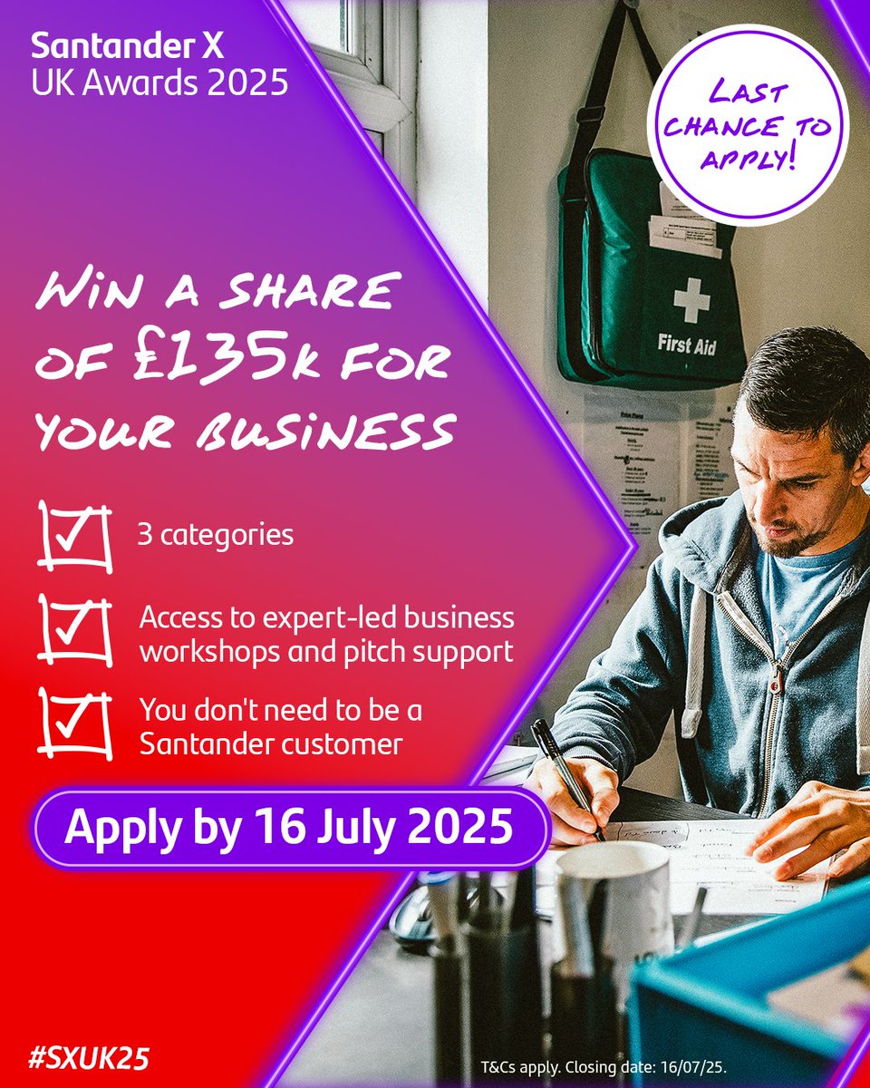UniofHerts's tweet image. Got a bold idea ready to grow? The Santander X UK Awards 2025 could give you up to £30,000 in funding, international exposure, and expert pitch training. 

📆 Deadline: 16 July 2025

 Apply now: bit.ly/44d1Yoe. 18+, T&amp;amp;Cs apply.

#SXUK25 @santanderuk