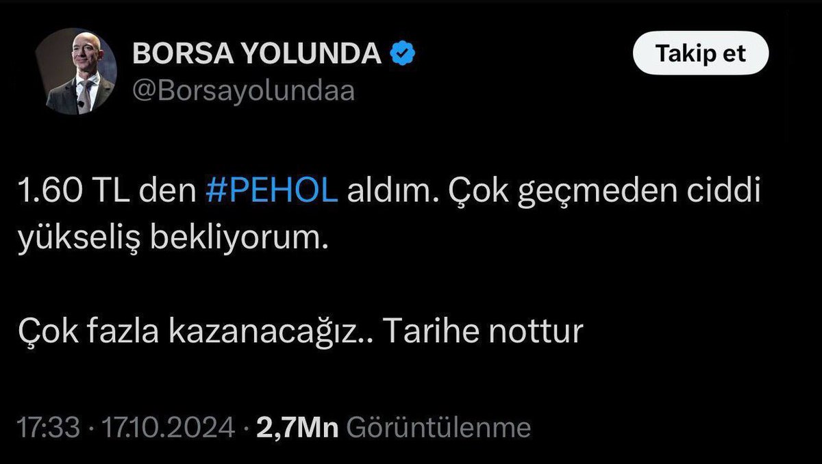 1.60 TL den Ekim ayında paylaştığım #PEHOL 19 TL Oldu.

Ben sadece PEHOL den 8 milyon kazandım

Adeta para bastık. Bunu kaçıranlar için tam bu ayarda, böyle yükselecek yeni hisseler var‼️

Onlarıda paylaşacağım.Benimle olanlar beğensin sayımızı görelim.. 

Beni para kazanmak