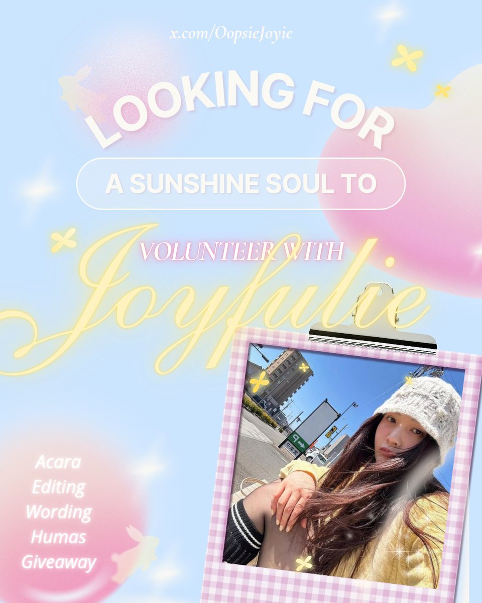Help repost? Thankyou 🩷.ᐟ

Joyfulie volunteers, assemble.ᐟ ⋆｡˚ 🍏🌊

Big  projects are coming for  Joy’s  birthday  &amp;&amp;  solo comeback! ˚₊· ⛱˚₊  Wanna join  the fun? Sign up  now, peek  at  ALT for deets,  or DM us,  let’s  make magic together! ꪔ̤̮ bit.ly/JoyieVolunteer