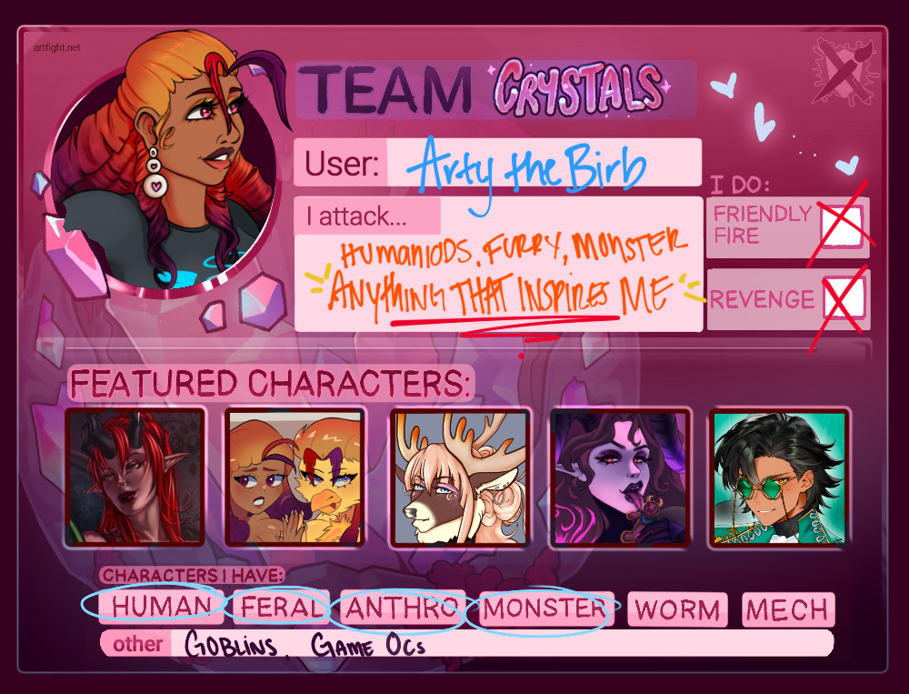 ArtytheBirb's tweet photo. Joining in the fight again this year!

⚔️ I’ll mainly be attacking everyone, but I will revenge and friendly fire with mutuals only! ❣️

https://t.co/YBIvBhPuHx

#artfight #teamcrystals https://t.co/wo8zO08tEu
