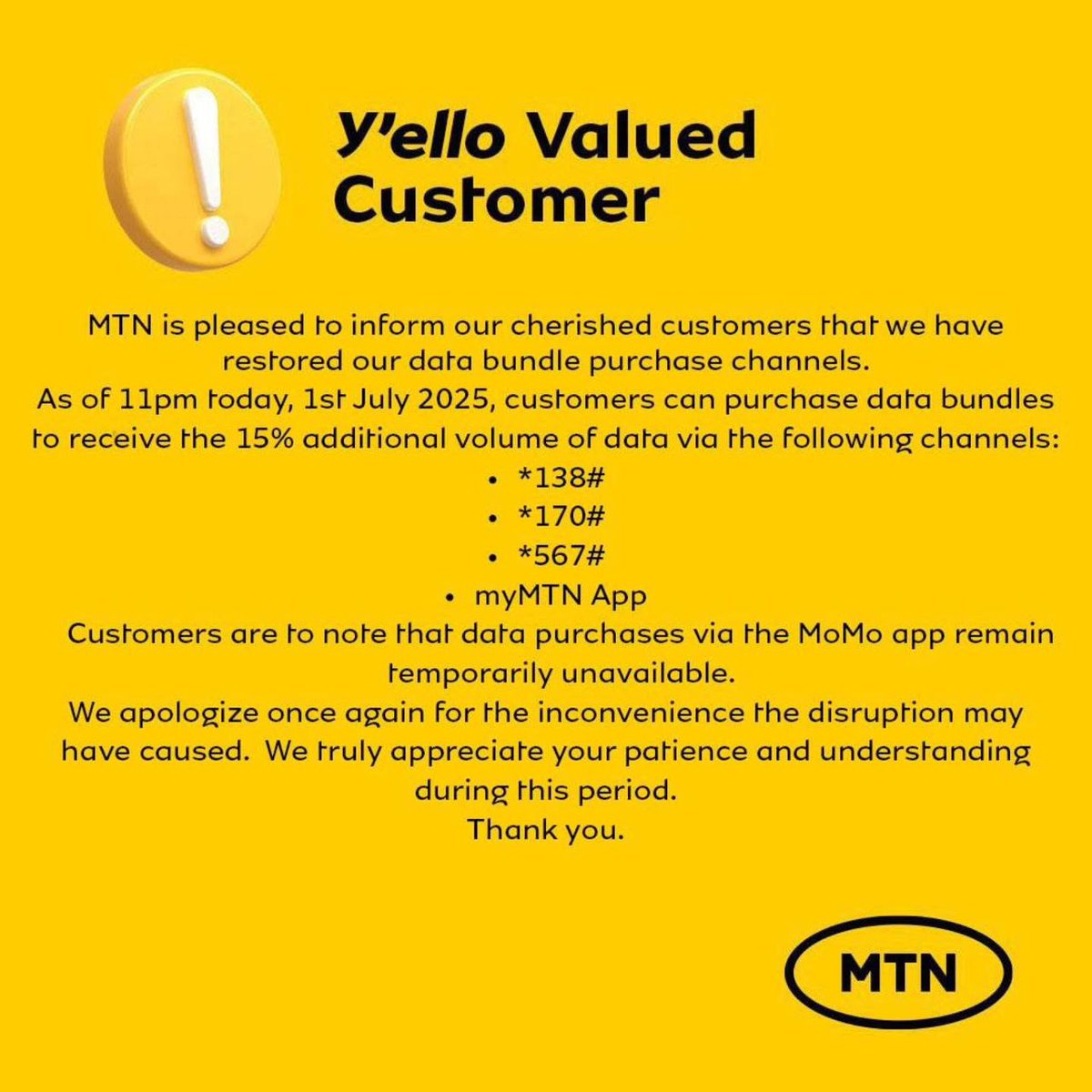 ghonetv's tweet photo. MTN restores data bundle purchase channels with 15% bonus, MoMo app still unavailable...

#GHOneNews #EIBNetwork
#GHOneTV #NewsAlert
@MTNGhana https://t.co/KHs2vyutKU