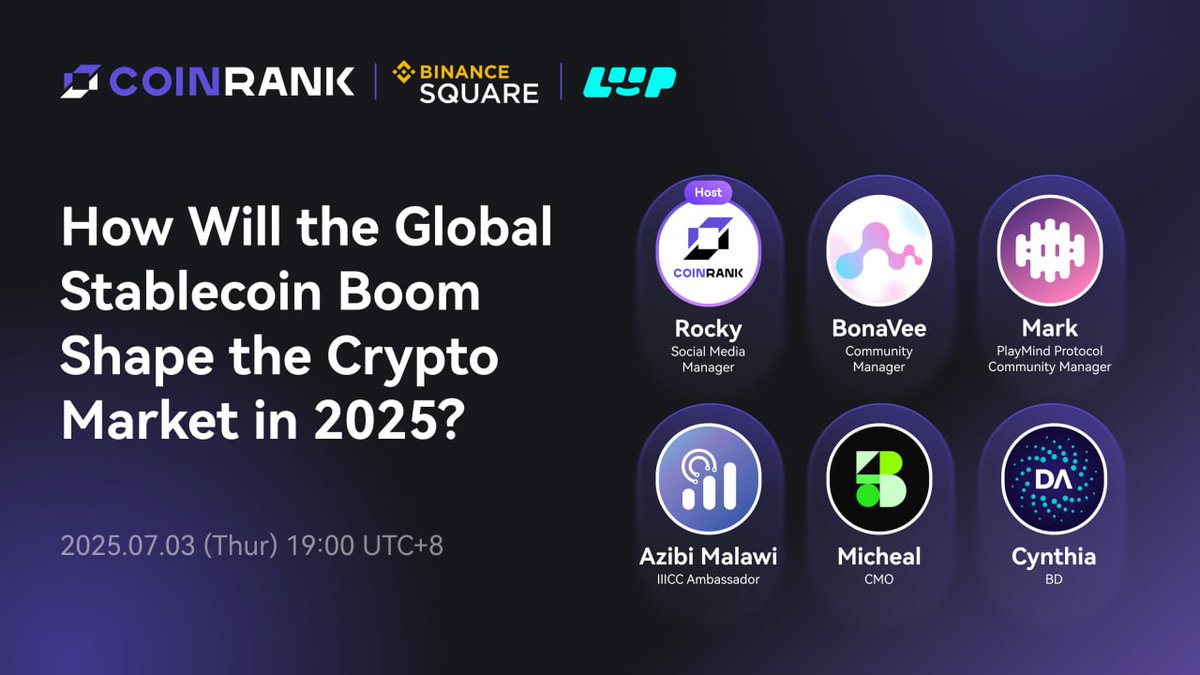 🚀 With the GENIUS Stablecoin Act passed and global giants jumping in —2025 may be the year stablecoins reshape the entire crypto market.

🎤 Join us on
<a href="/CoinRank_io/">CoinRank</a>
X Space to explore:
 "How Will the Global Stablecoin Boom Shape the Crypto Market in 2025?"

📅 July 3 (Thur) |