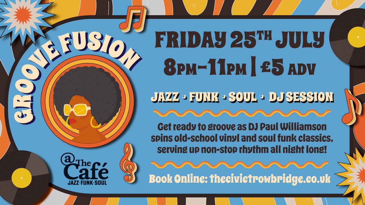 Groove Fusion @TheCafé 🎶

We’re turning up the vibes this July! Join DJ Paul Williamson as he spins old-school vinyl and soul funk classics! Enjoy pure rhythm and non-stop grooves on Fri 25th July 8-11pm!

👉Tickets: tinyurl.com/33ywh3m

#GrooveFusion #JulyEvents #SoulFunk
