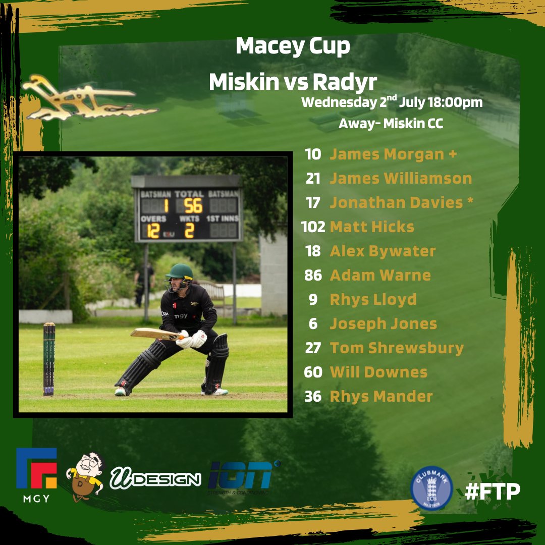 🏏 Macey Cup Semi-Final 🏏
🔥 Miskin vs Radyr 🔥

The boys are ready for a huge clash in the Macey Cup semi-final tonight! We travel to Miskin CC for what promises to be a cracking game.

📅 Wednesday 2nd July
⏰ 18:00pm start
📍 Away - Miskin CC

👊 Let’s go, Radyr! 💪

#FTP🔰
