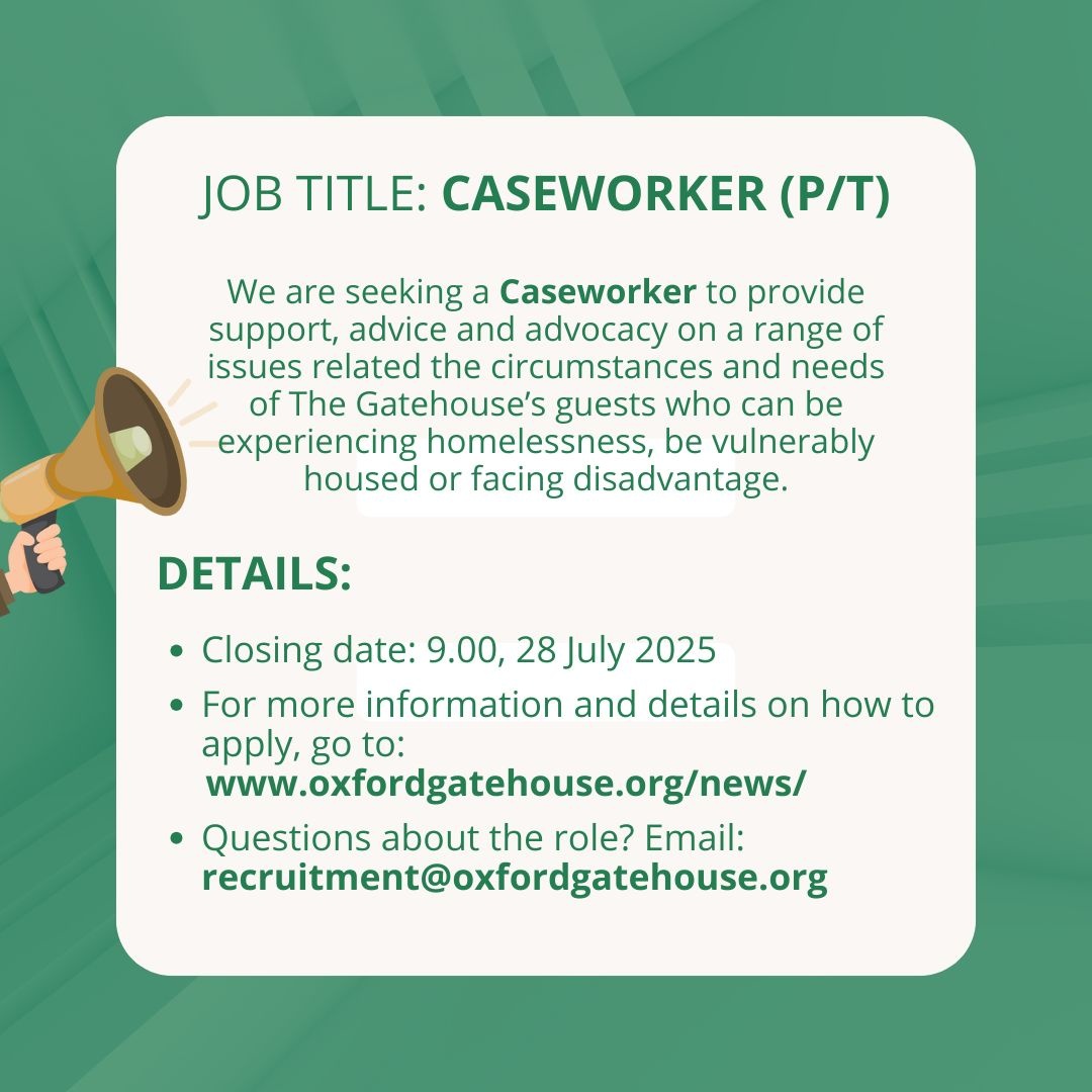 📣 JOB OPPORTUNITY! Are you interested in being part of a team that creates changes in the lives of people facing the most difficult circumstances? The Gatehouse is recruiting the role of Caseworker (part-time), to support and advocate for our guests #workwithus #jobopportunity