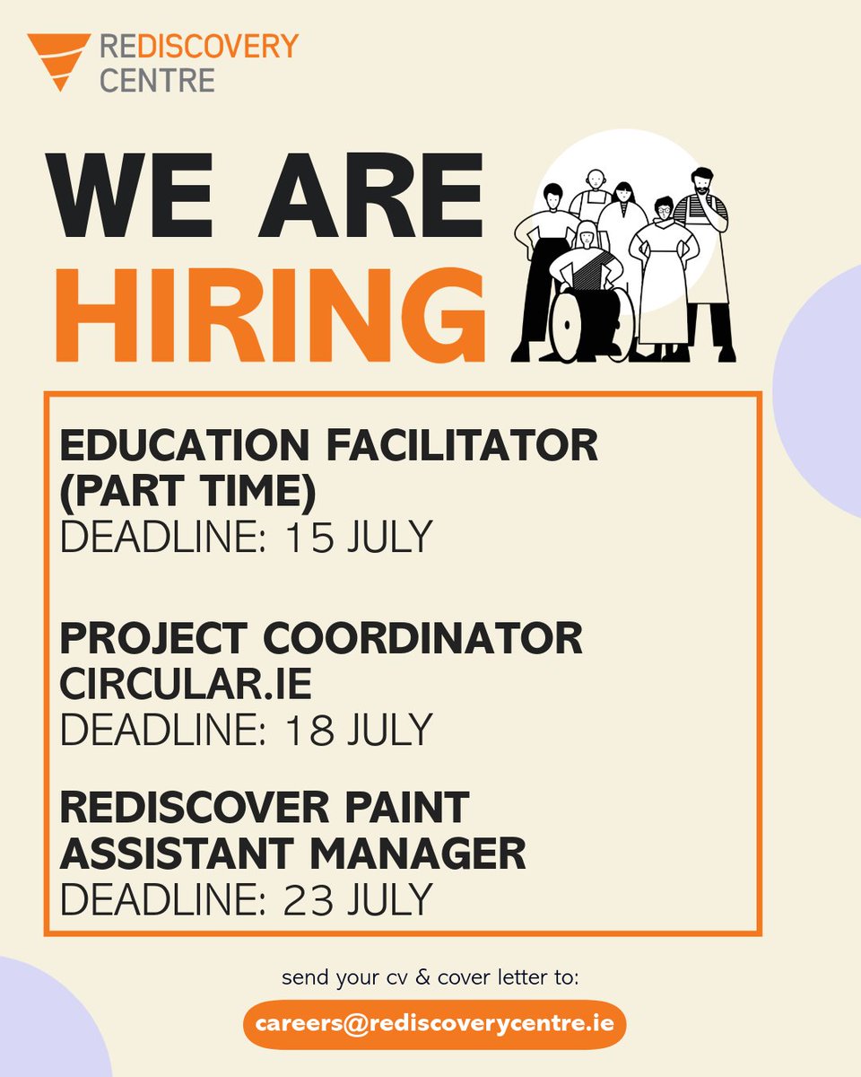 RediscoveryCtr's tweet image. Join the Team!

Current openings:
Education Facilitator (part time)
Deadline: 15 July

Project Coordinator (Circular.ie)
Deadline: 18 July

Rediscover Paint Assistant Manager
Deadline: 23 July

Learn more and apply: ow.ly/J6gP50WjbkG