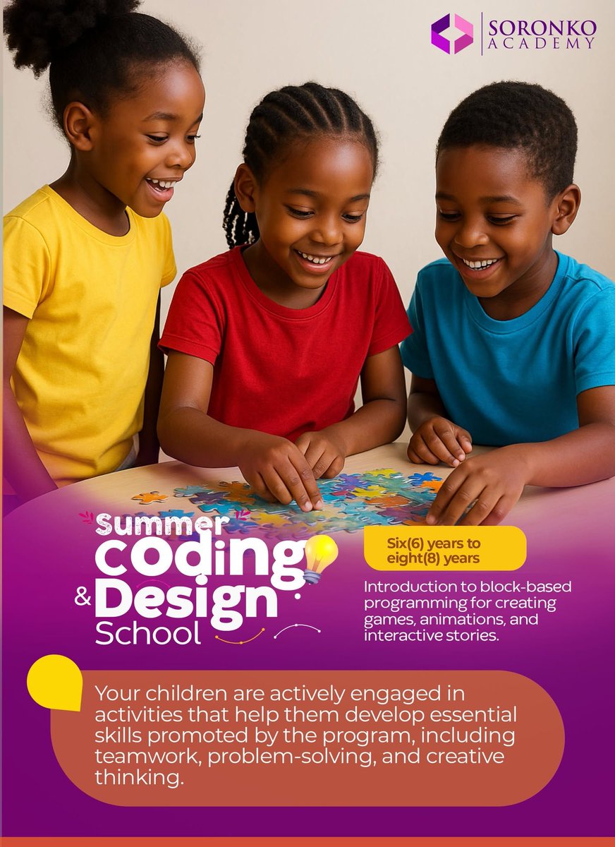 ragyare's tweet image. Every puzzle they solve builds their future.
At Soronko's Summer Coding School, kids (6–8) learn to code, design games & think creatively.
Limited spots. Enrol now: bit.ly/summercodingsc…
 0574541522
#SoronkoAcademy #KidsInTech #SummerCoding