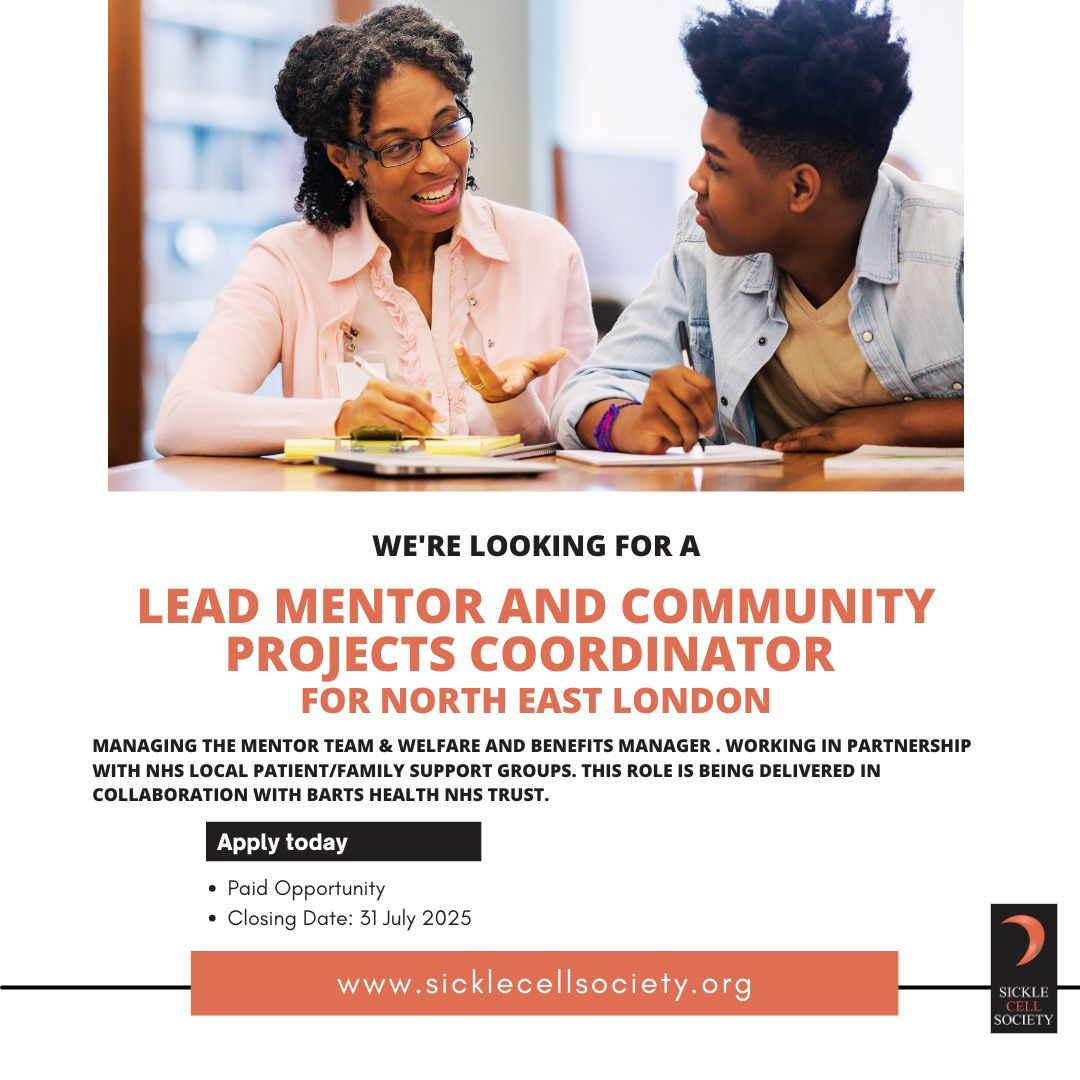 SickleCellUK's tweet image. 📢 We’re hiring a Lead Mentor & Community Projects Coordinator in North East London.
Work with families, NHS support groups & mentoring teams to improve care for those with sickle cell. In partnership with Barts Health NHS Trust.🔗 Apply: sicklecellsociety.org #SickleCell #NEL
