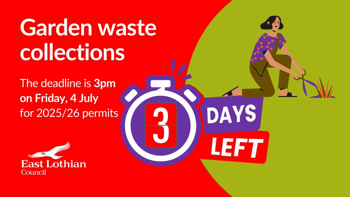 With just three days left to sign up for a 2025/2025 garden waste collection permit, residents are reminded to register before the deadline at 3pm on Friday, 4 July. Applications can be made using a myeastlothian account on our website.  More info: eastlothian.gov.uk/news/article/1….