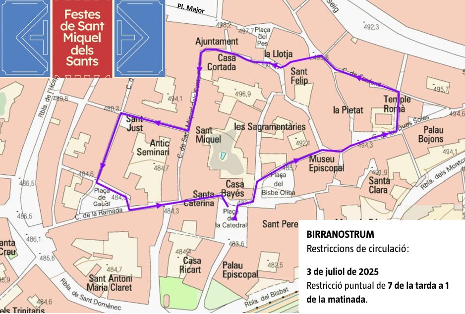 📢El proper dijous 3 de juliol a partir de les 19h. hi haurà afectacions en diversos carrers del Centre Històric per la celebració de la cercavila 🥳Birranostrum dins dels actes de la #FestaMajorVic2025 Consulta el plànol del recorregut 👇