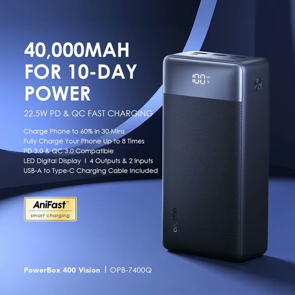 Charge your devices non-stop 🔋⚡
No more worrying about low battery right when you need it most.

With the Oraimo PowerBox 400 Vision you get:
• Massive 40,000mAh capacity 🔥
• Fast charging with 22.5W output ⚡
• LED display to track power left 📊
• Multiple ports for all