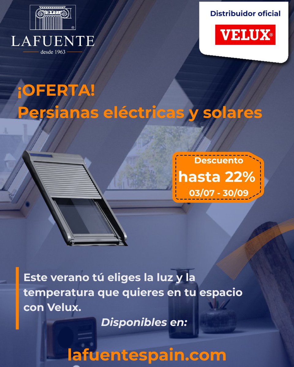 LafuenteSegovia's tweet image. Consigue hasta un 22% de descuento en tu persiana #VELUX con Lafuente Segovia. Este verano di adiós al calor y reduce la temperatura interior hasta 5°C.

📲bit.ly/44bhtNn

#PERSIANAS #VELUX #Tejado #CALOR #Confort #CalidadDelAire #LAFUENTE #OFERTA #VERANO