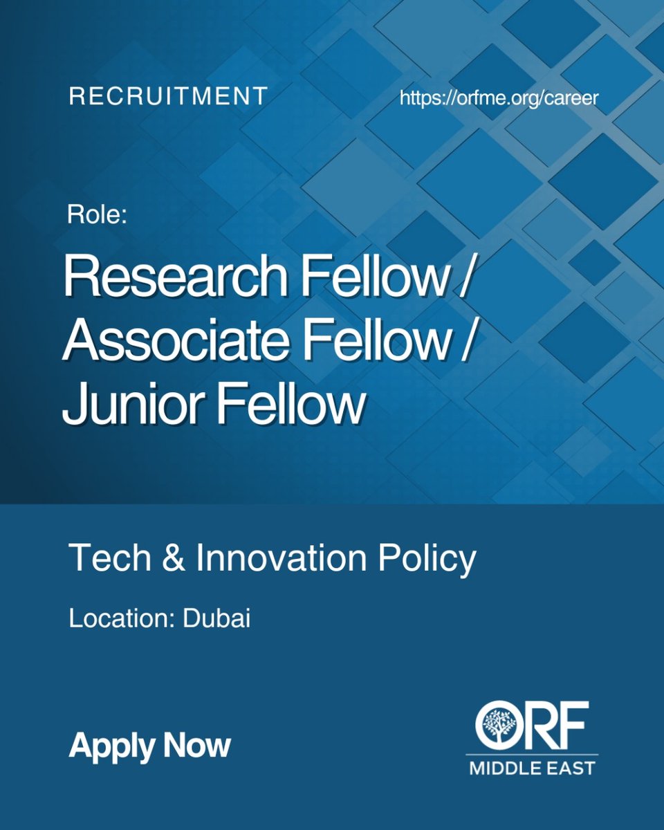 ORF Middle East (@orfmiddleeast) on Twitter photo .<a href="/orfmiddleeast/">ORF Middle East</a> is hiring for the position of Research Fellow/Associate Fellow/Junior Fellow for the Tech & Innovation Policy Team.
📍Location: Dubai
🌍Eligibility: Open to applicants from the Middle East and Europe
APPLY NOW: orfme.org/career/
#JobAlert .<a href="/orfmiddleeast/">ORF Middle East</a> is hiring for the position of Research Fellow/Associate Fellow/Junior Fellow for the Tech & Innovation Policy Team.
📍Location: Dubai
🌍Eligibility: Open to applicants from the Middle East and Europe
APPLY NOW: orfme.org/career/
#JobAlert