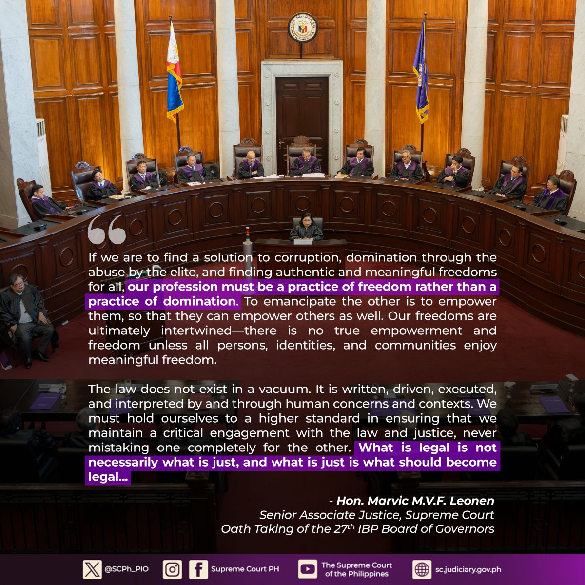 SCPh_PIO's tweet photo. Senior Associate Justice Marvic M.V.F. Leonen challenged the newly-elected Integrated Bar of the Philippines (IBP) Board of Governors to call out acts of corruption among lawyers and abstain from corrupt practices during the Oath Taking Ceremony of the 27th IBP Board of Governors held yesterday at the #SupremeCourtPH Session Hall.