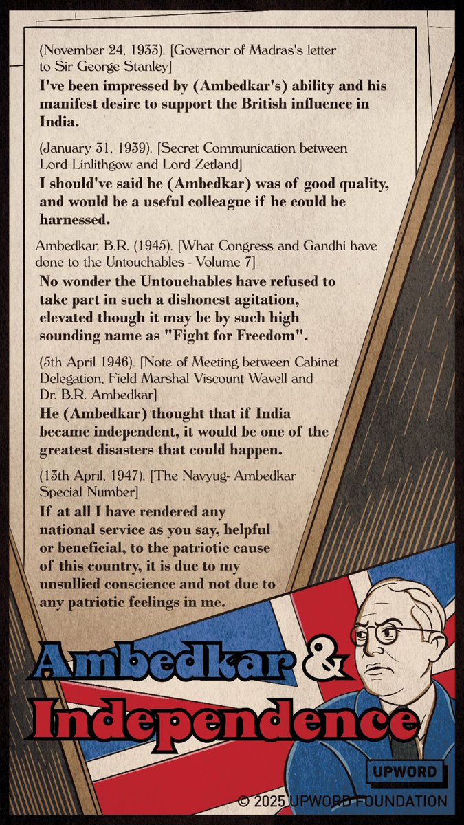 upword_'s tweet image. Did you know that Dr. Ambedkar chose not to participate in the Indian independence movement? He was a strong critic of its leadership and objectives, often calling it a distraction from real social reform. Here are some quotes by Ambedkar and British officials that shed light on…