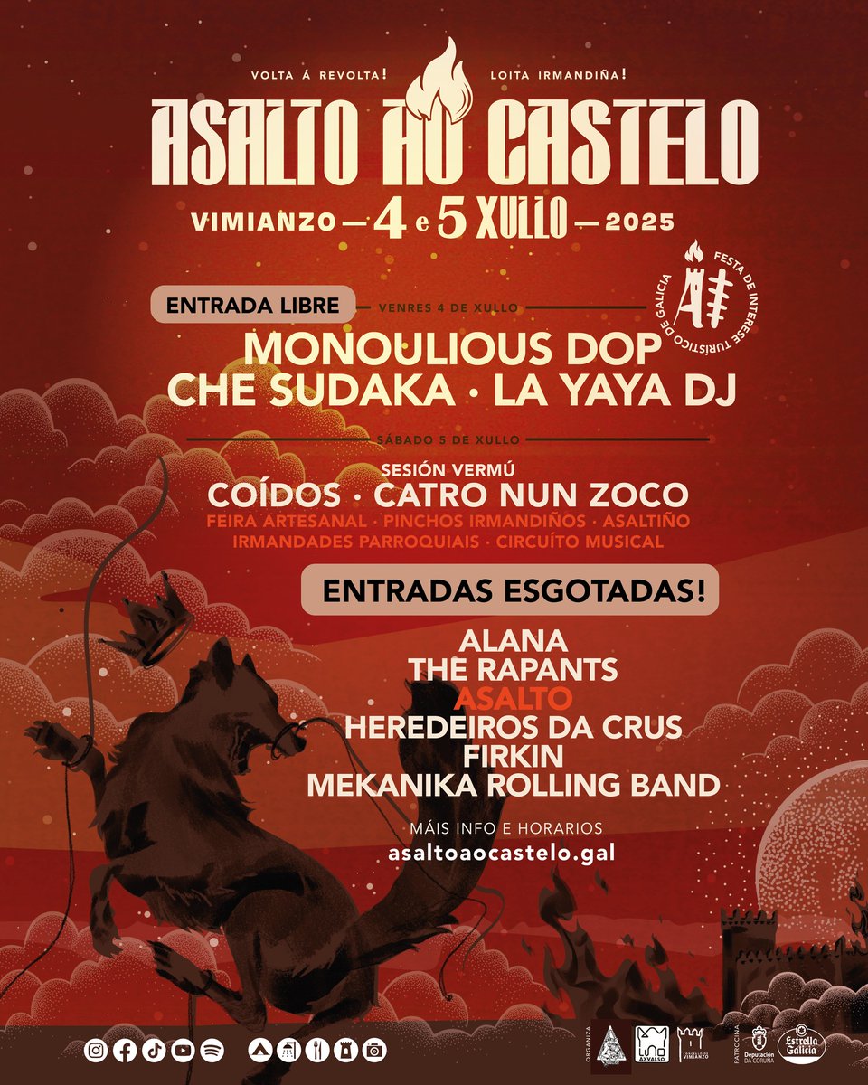 ASALTO | Esgotadas as entradas para os concertos da noite do sábado do Asalto ao Castelo de Vimianzo.
Recorda que son de entrada libre os concertos da noite do venres ou todo o programa de día do Asalto.
asaltoaocastelo.gal