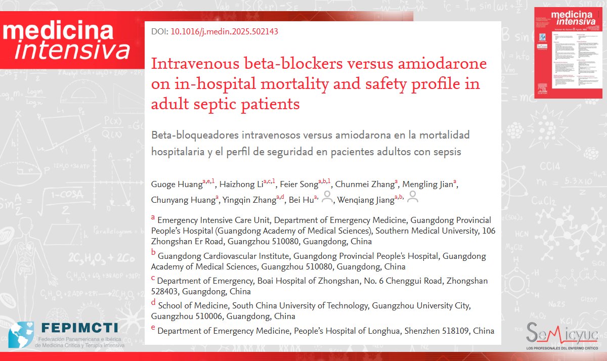 📕 Beta-bloqueadores intravenosos vs Amiodarona en la mortalidad hospitalaria y perfil seguridad pacientes adultos con sepsis.
▶ BBs was significantly associated with lower in-hospital mortality.
▶ Amiodarone - shorter duration of atrial fibrillation.
👉medintensiva.org/es-intravenous…