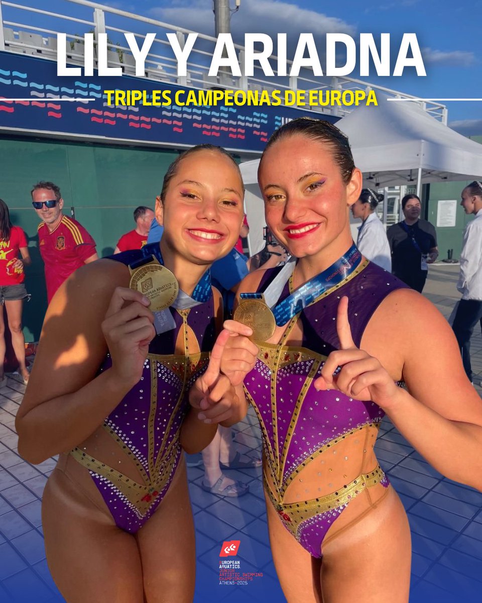Del 25 al 29 de junio, se celebró el Campeonato de Europa Júnior en Atenas, y nuestras deportistas Lily Gualtieri y Ariadna Benito hicieron historia con un triplete dorado:

🥇 Equipo Libre, Rutina Acrobática y Equipo Técnico

¡Felicidades, campeonas! 🧜‍♀️

realcanoe.es/noticias-natac…