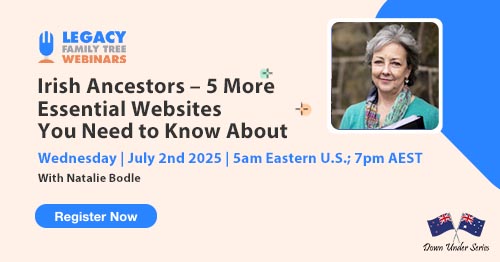 STARTING SOON! Join us for the next Down Under Webinar! Natalie Bodle will present "Irish Ancestors – 5 More Essential Websites You Need to Know About!" 
Note:  7pm Wednesday Sydney time . ow.ly/xgon50WiwlF #genealogy #DownUnder #Ireland