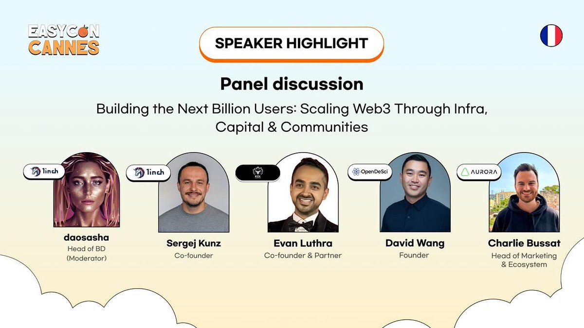 OpenDeSci.org (@opendesciorg) on Twitter photo 🌐 ETHCC x CoinEasy in Cannes 🇫🇷
Over 2,000+ guests expected <a href="/Coiniseasy/">CoinEasy | Web3 Simplified</a>
Panel discussion: Building the next billion users - scaling web3 through infra, capital & communities 🦄
🎤 Speakers:
<a href="/daosasha/">daosasha.eth 🕊️</a> (Moderator, <a href="/1inch/">1inch</a>)
<a href="/deacix/">Sergej Kunz</a> (Co-founder, <a href="/1inch/">1inch</a>)
<a href="/EvanLuthra/">Evan Luthra</a> (Co-founder, 🌐 ETHCC x CoinEasy in Cannes 🇫🇷
Over 2,000+ guests expected <a href="/Coiniseasy/">CoinEasy | Web3 Simplified</a>
Panel discussion: Building the next billion users - scaling web3 through infra, capital & communities 🦄
🎤 Speakers:
<a href="/daosasha/">daosasha.eth 🕊️</a> (Moderator, <a href="/1inch/">1inch</a>)
<a href="/deacix/">Sergej Kunz</a> (Co-founder, <a href="/1inch/">1inch</a>)
<a href="/EvanLuthra/">Evan Luthra</a> (Co-founder,