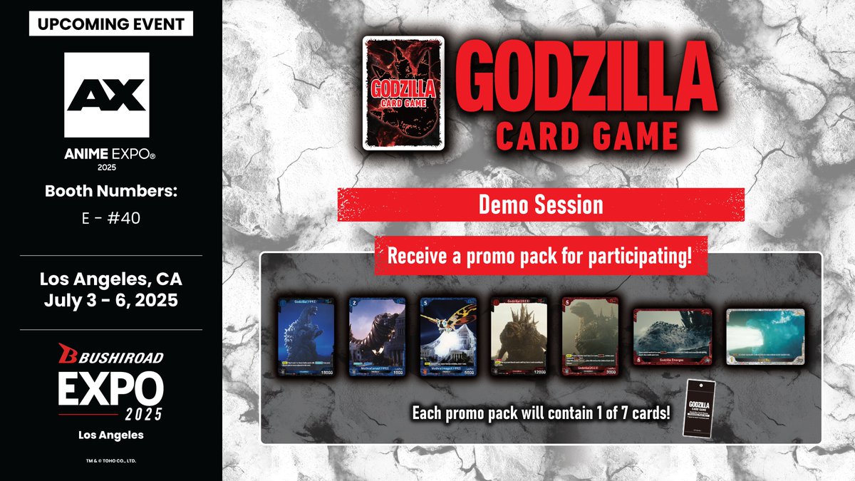 godzilla_tcg_en's tweet photo. #BushiroadEXPO2025 in Los Angeles starts tomorrow! Advance beyond the competition and be the first in the world to own Godzilla Card Game!

Special promo cards will also be available at the Bushiroad booth!

🔗 https://t.co/wKsYBhC2D7

#Godzilla #GodzillaCardGame https://t.co/9NEMOWoJrs