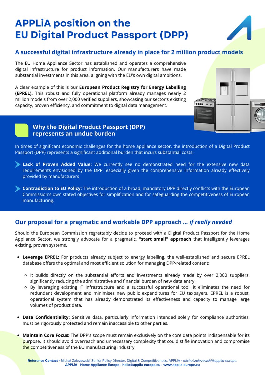 APPLiA ๐ก (@applia_europe) on Twitter photo ๐ต APPLiA submitted its feedback to the <a href="/EU_Commission/">European Commission</a> public consultation on the โDigital product passport โ rules for service providers,โ calling for a proportionate, efficient, and workable framework that builds on what already works.
With nearly 2๏ธโฃ million product ๐ต APPLiA submitted its feedback to the <a href="/EU_Commission/">European Commission</a> public consultation on the โDigital product passport โ rules for service providers,โ calling for a proportionate, efficient, and workable framework that builds on what already works.
With nearly 2๏ธโฃ million product