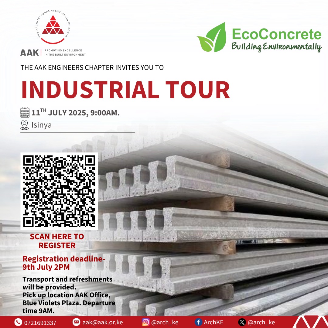 Explore innovative precast solutions and experience sustainable construction in action.
Join the AAK Engineers Chapter <a href="/AAK_Engineers/">AAK Engineers Chapter</a> <a href="/Arch_KE/">Architectural Association of Kenya</a>   for an exclusive Industrial Tour at EcoConcrete — specially organized for professionals in the built environment: Architects,