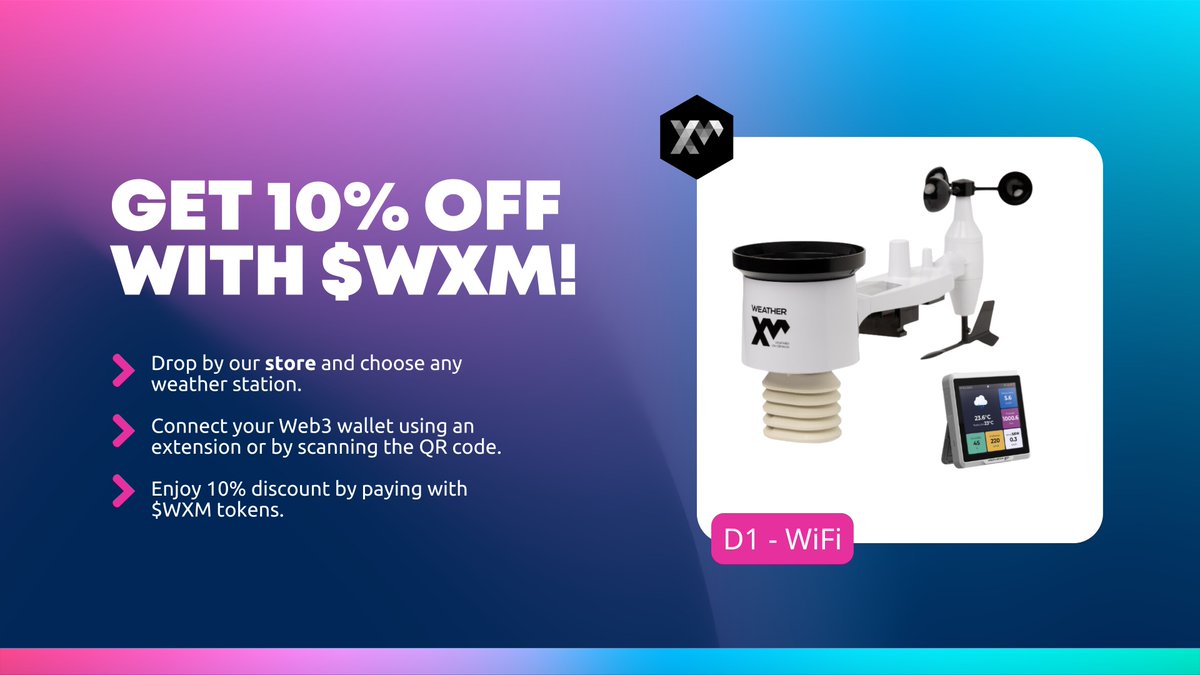 WeatherXM's tweet image. Get 10% off when purchasing with $WXM!

- Drop by the store
- Connect your wallet
- Discount auto-applied
- Complete purchase

Start earning now!