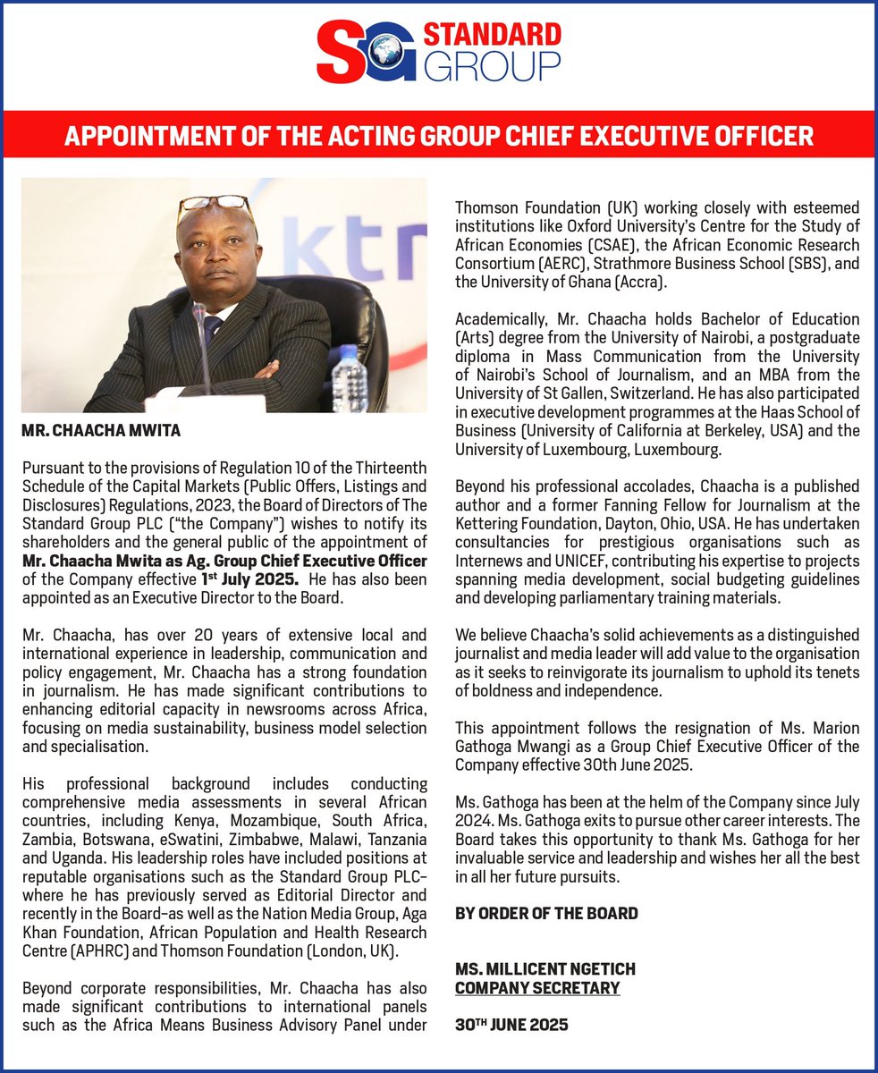 NSE_Investors's tweet photo. 📢 Leadership Update: The Standard Group has appointed Chaacha Mwita as Acting Group CEO & Executive Director effective July 1, 2025, following the resignation of Marion Gathoga-Mwangi.
#StandardGroup #LeadershipChange #KenyaBusiness #MediaUpdates #CorporateNews https://t.co/euqOsVCavW
