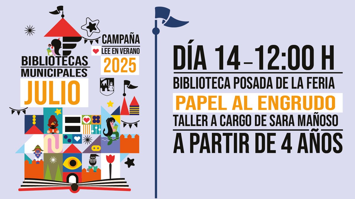 Desde hoy, abiertas las inscripciones al taller Papel al engrudo. A partir de 4 años
14 de julio a las 12:00 horas, en la Biblioteca Posada de la Feria
Inscripción de manera presencial en la biblioteca o llamando al 920350000 ext.805
¡Plazas limitadas! ¡No te quedes sin la tuya!