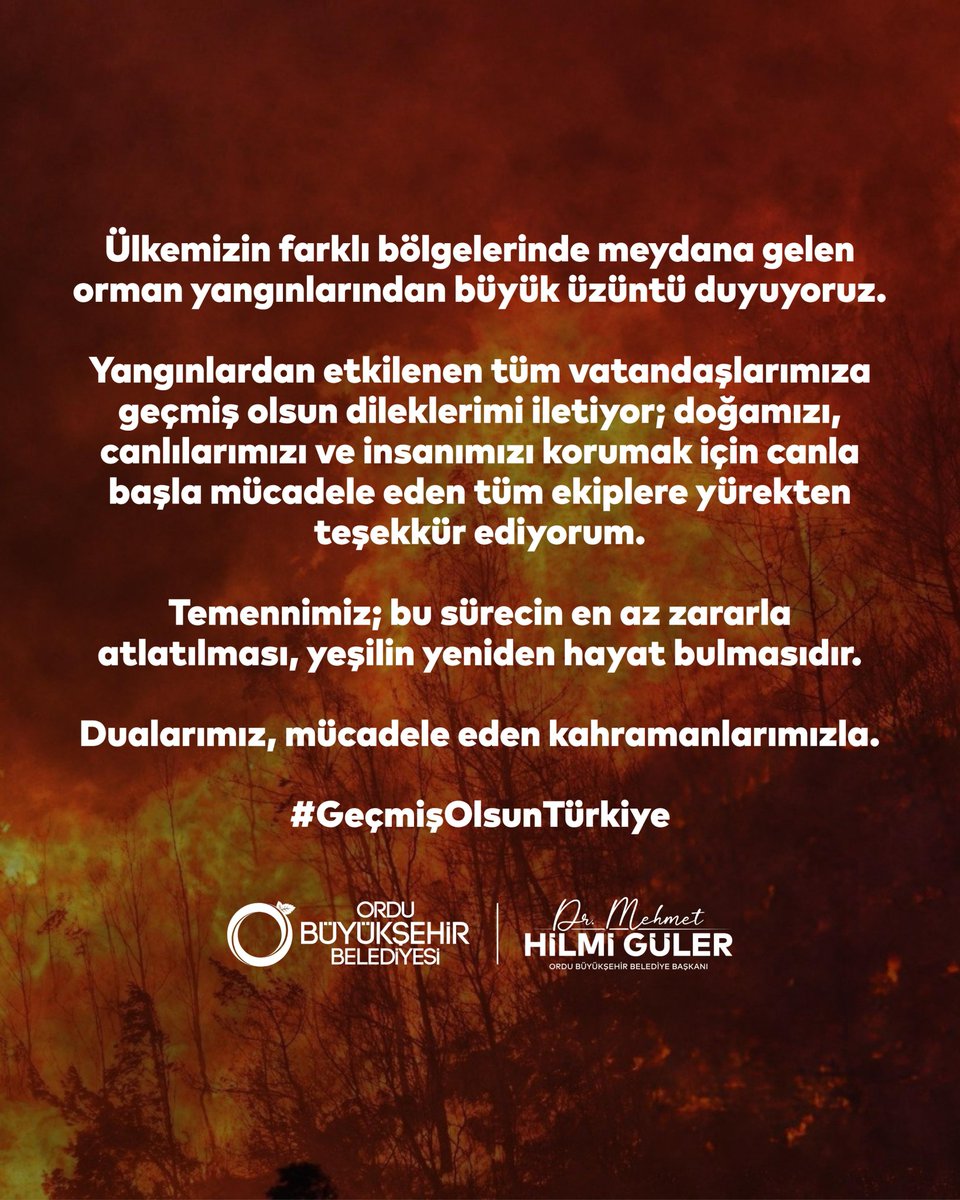 Ülkemizin farklı bölgelerinde meydana gelen orman yangınlarından derin bir üzüntü duyuyor, yangınlardan etkilenen tüm vatandaşlarımıza geçmiş olsun dileklerimizi iletiyoruz.