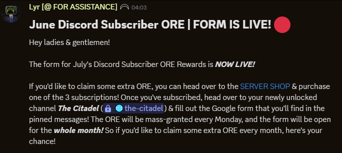 Discord subscription ore forms are up for the month of July!