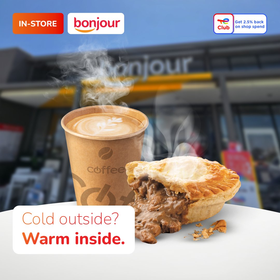 Winter’s doing the most out there 🌬️🥶 – but we’ve got the fix. 

Pull in for a Café Bonjour coffee and pie combo that’ll warm you up from the inside out.  Because nothing says “I’ve got my life together” like a hot pie and a strong cuppa. ☕🥧