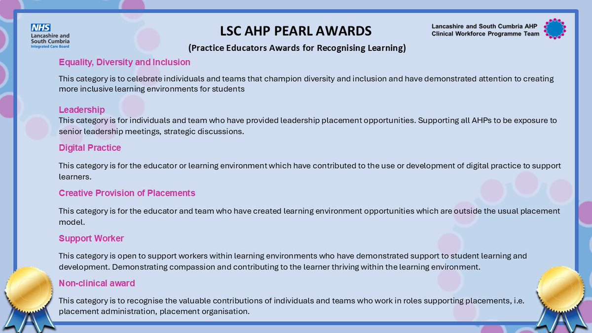 The Practice Educators Awards for Recognising Learning (PEARL) are now open for 2025. This is an opportunity to highlight the proactive approach to AHP placements across Lancashire and South Cumbria. DM for a nomination form.
#AHPs #recognisinggoodwork #Students #placement