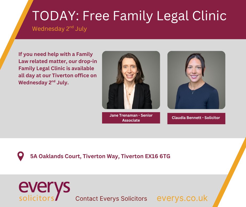 It’s today! Drop in to our Family Legal Clinic for a free 45-minute appointment with one of our experienced solicitors.

📍 Everys Solicitors, 5A Oaklands Court, Tiverton, EX16 6TG

#WeAreEverys #FreeLegalSupport #Tiverton