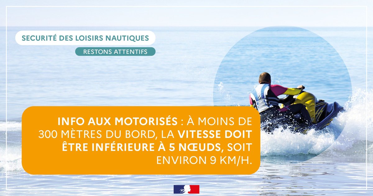 🌊 Pour les sports motorisés, pensez à :

➡️ Emprunter les chenaux balisés si il y en a ;
➡️ Porter votre équipement de flottabilité ;
➡️ Vous assurer du bon fonctionnement de votre dispositif de sécurité ;
➡️ Adapter votre vitesse.