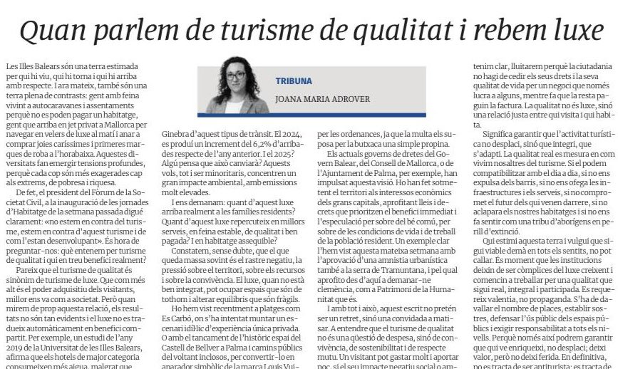 PSIB-PSOE (@psibpsoe) on Twitter photo 🗞️ Quan parlem de turisme de qualitat i rebem luxe.
👉 El turisme de qualitat no és una qüestió de despesa, sinó de convivència, de sostenibilitat i de respecte mutu.
✍️ <a href="/jmadrover/">Juana Maria Adrover</a> a <a href="/diariomallorca/">Diario de Mallorca</a>
🔗 diariodemallorca.es/opinion/2025/0… 🗞️ Quan parlem de turisme de qualitat i rebem luxe.
👉 El turisme de qualitat no és una qüestió de despesa, sinó de convivència, de sostenibilitat i de respecte mutu.
✍️ <a href="/jmadrover/">Juana Maria Adrover</a> a <a href="/diariomallorca/">Diario de Mallorca</a>
🔗 diariodemallorca.es/opinion/2025/0…