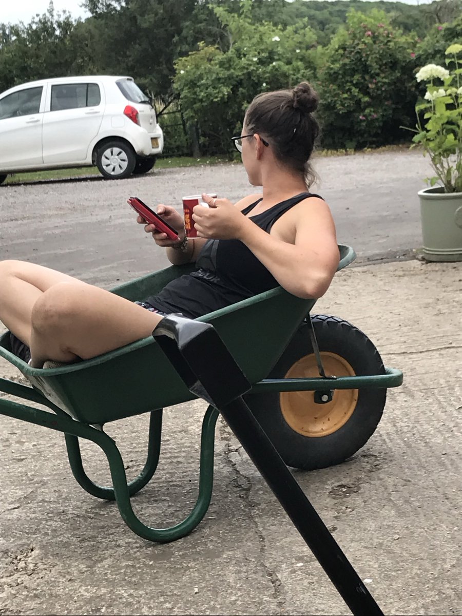 Daughter Emma in wheelbarrow!! So strange I was an about to post this &amp; she rang!!!! 😮😂😂