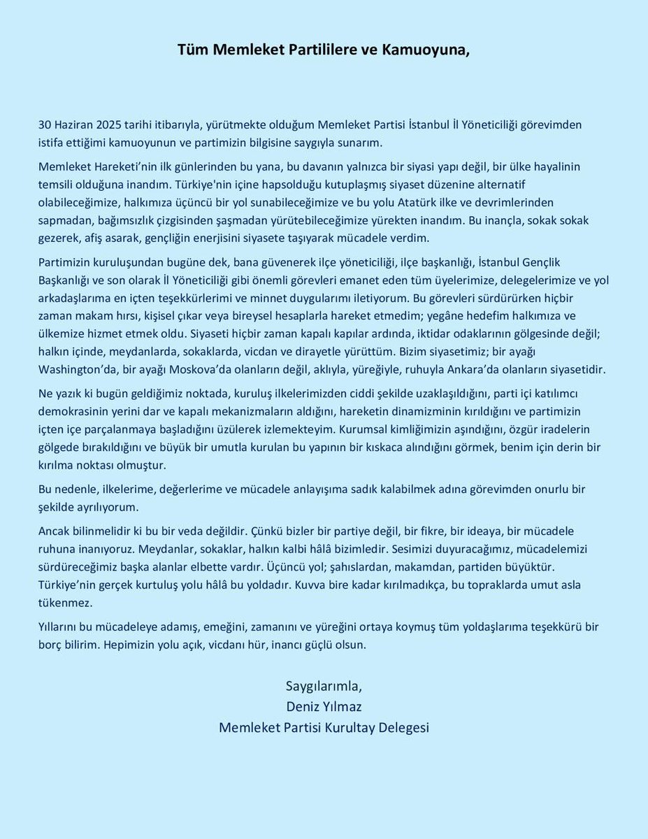 Tüm Memleket Partililere ve Kamuoyuna