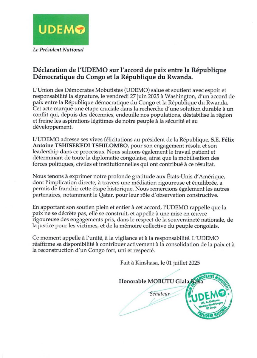 🔴 POLITIQUE | #UDEMO salue la signature de l’accord de paix entre la RDC et le Rwanda

L’Union des Démocrates Mobutistes (UDEMO) exprime son soutien plein et entier à l’accord de paix signé le 27 juin 2025 à Washington entre la RDC et le Rwanda. Cet acte marque une étape