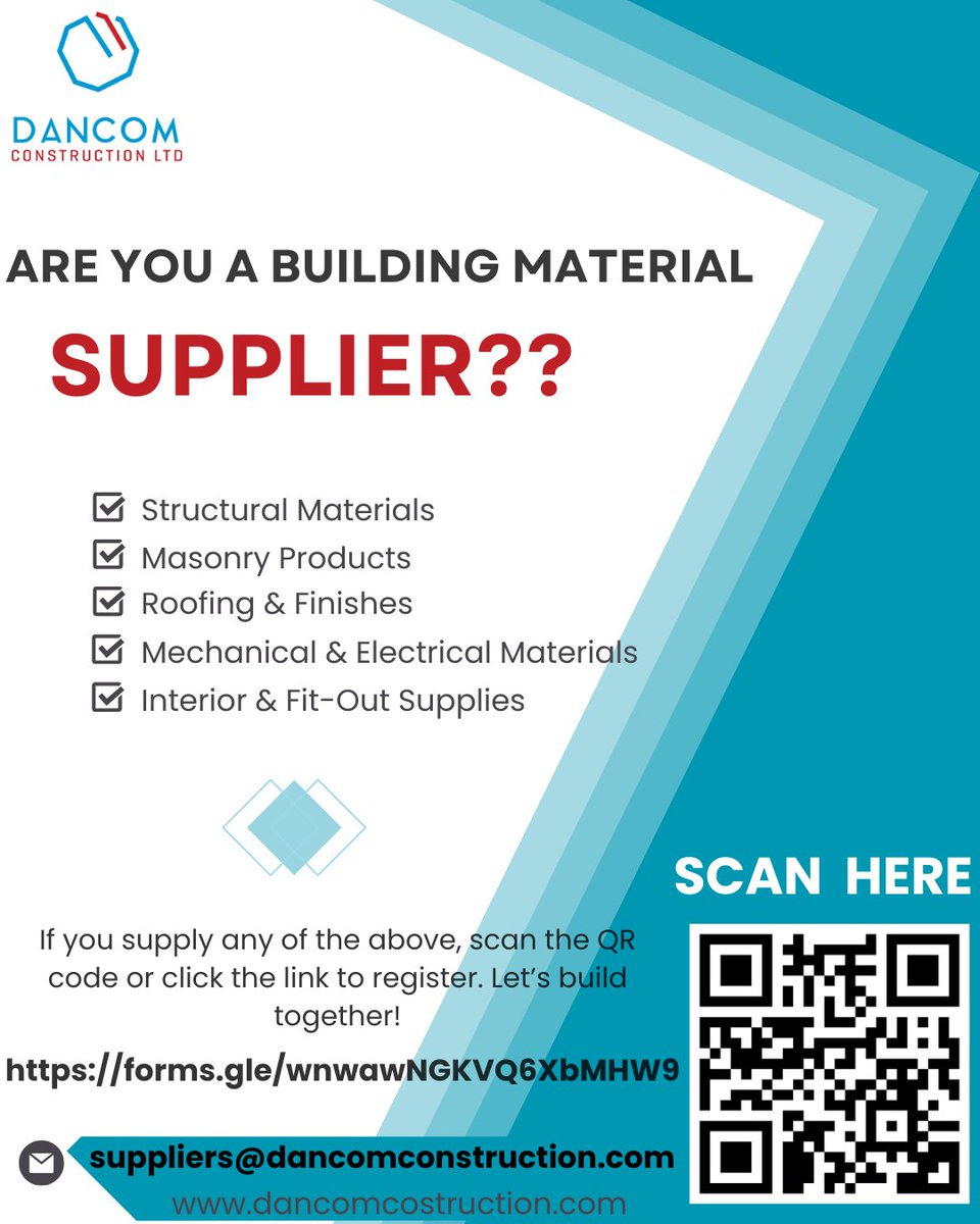 Are you a building material supplier?
Partner with Dancom Construction Ltd!

📲Register: forms.gle/wnwawNGKVQ6XbM…
📞 +254 759 408324
📧 suppliers@dancomconstruction.com
🌐 dancomconstruction.com

#DancomConstruction #BuildWithUs #SupplierCall #ConstructionKenya #LetsBuildTogether