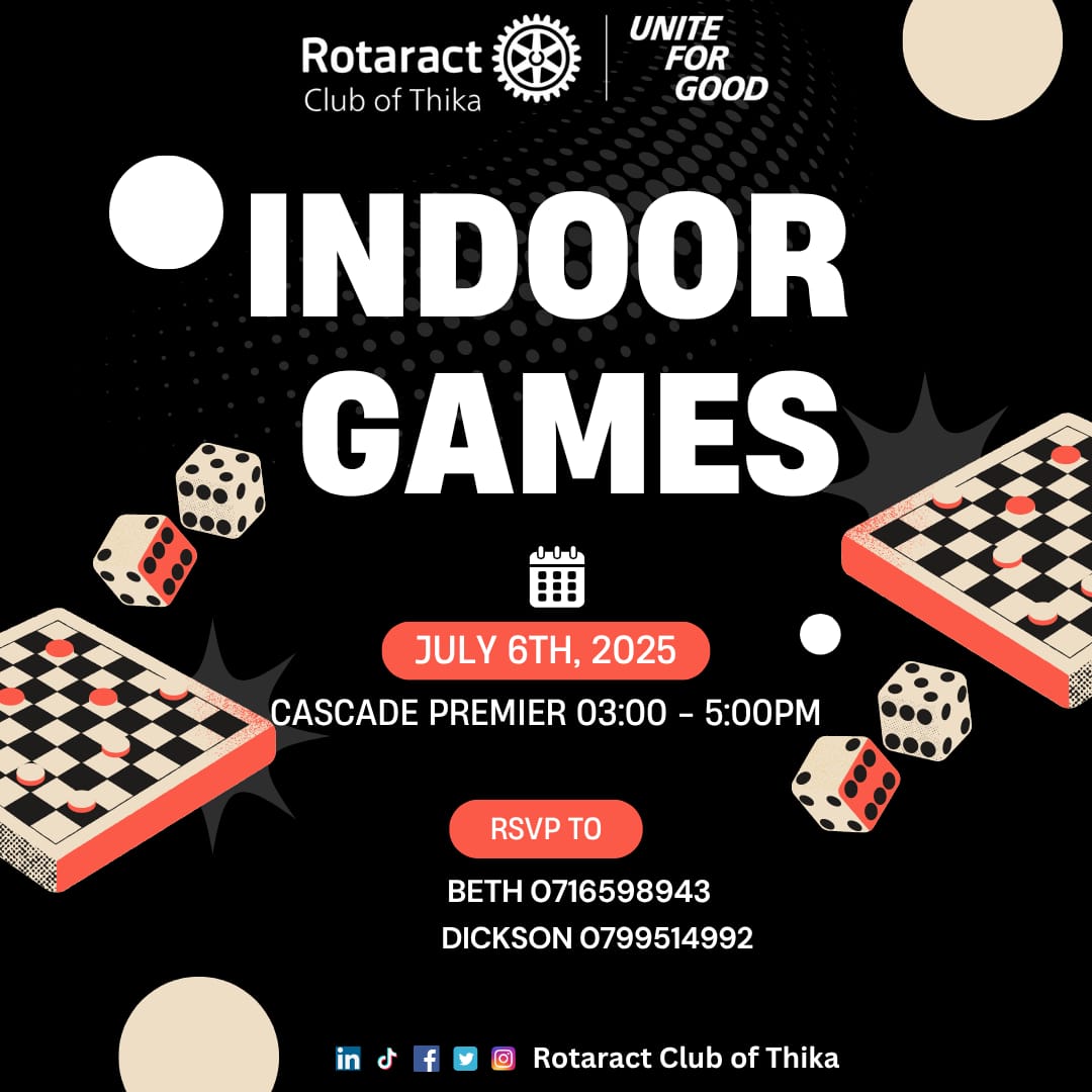 The Rotaract Club of Thika is kicking off the new Rotary year with our first club hangout on Sunday, 6th July 2025
📍 Venue: Cascade Premier Hotel – Thika  🕒 Time: 3:00 PM

#UniteForGood #RotaractThika  #FellowshipAndFun #ServiceThroughFriendship