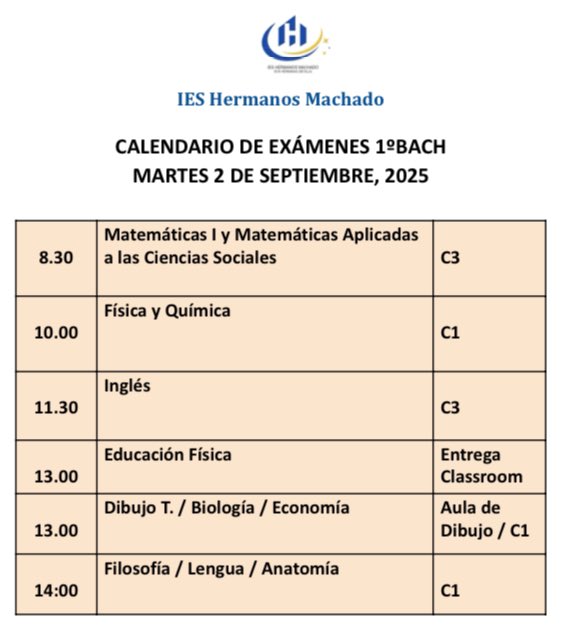Calendario de exámenes de septiembre para 1Bach. ¡Ojo, que han cambiado algunas aulas!